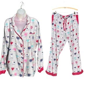 MUNKI MUNKI Women L Gray Bamboo Flannel Coffee Mugs Cups Long Sleeve Pajama Set